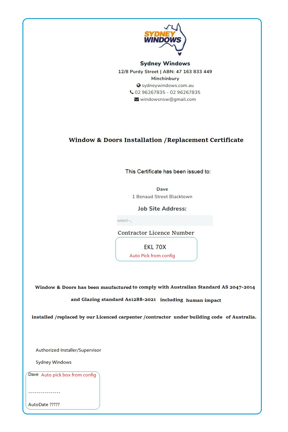 Installation Certificate Sample