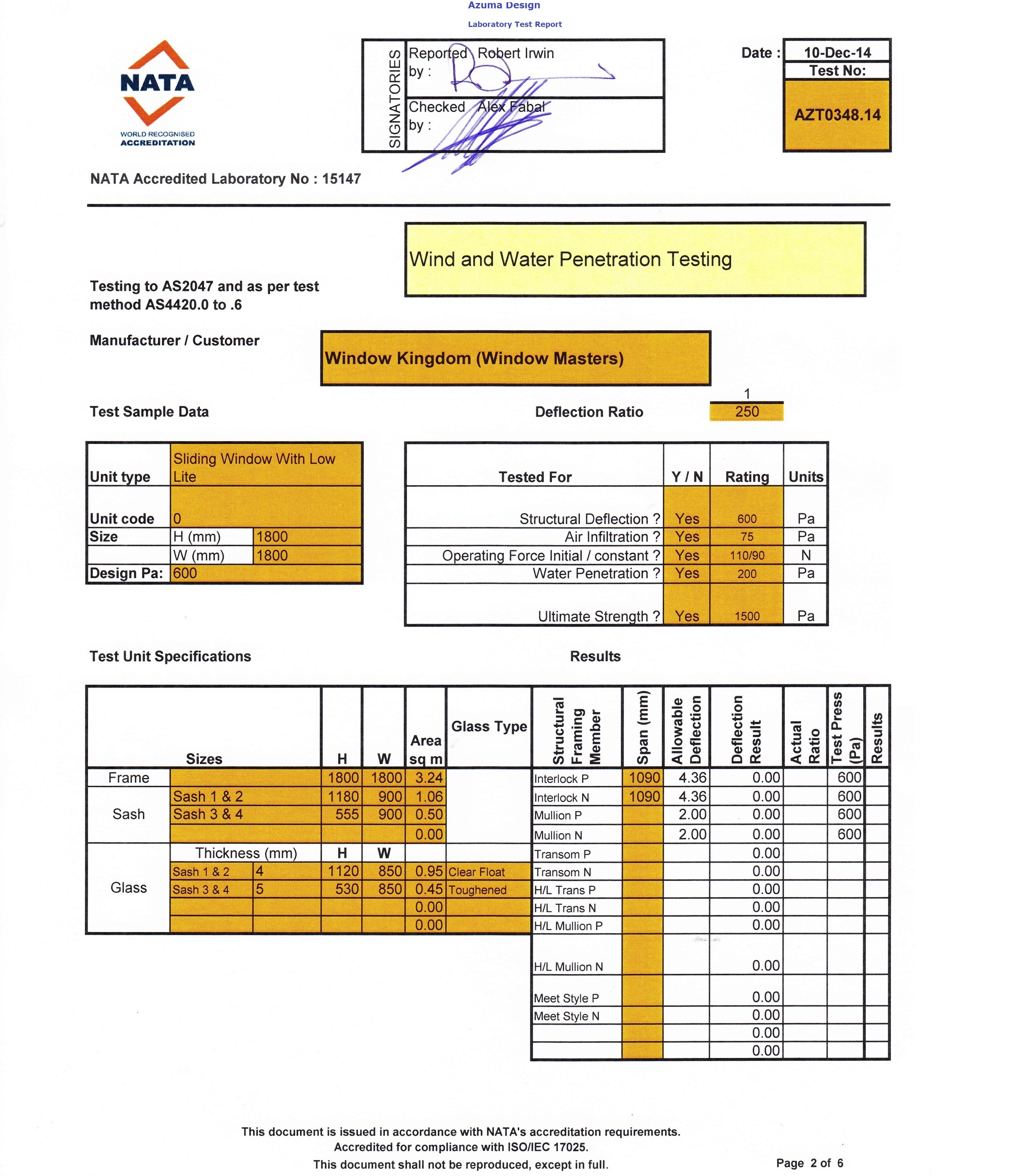 Sydney Windows wind and water penetration
                            laboratory test report from a NATA-accredited laboratory